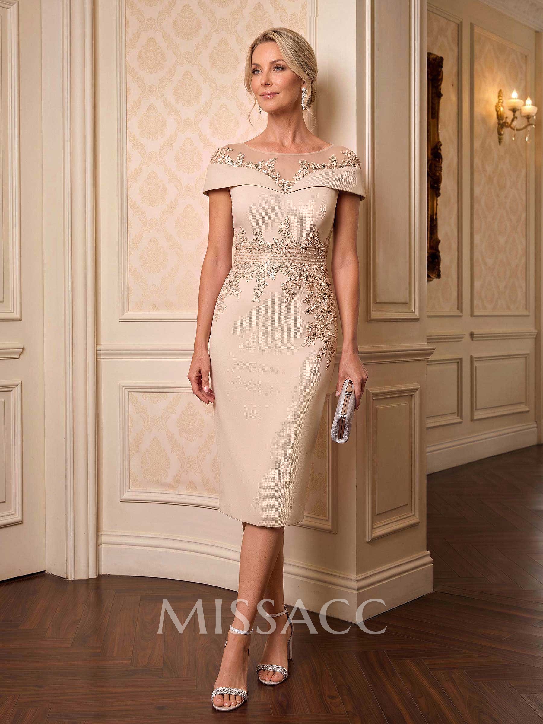 Sheath/Column Off-The-Shoulder Elastic Satin Cocktail Dresses With Appliques Lace
