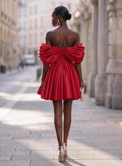 Ball-Gown Off-The-Shoulder Sleeveless Short/Mini Satin Cocktail Dresses