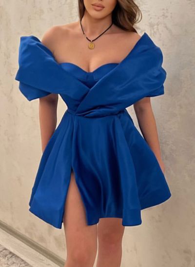 A-Line Off-The-Shoulder Sleeveless Silk Like Satin Cocktail Dresses With Split Front