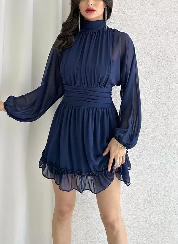 A-Line Halter Long Sleeves Short/Mini Chiffon Cocktail Dresses With Ruffle