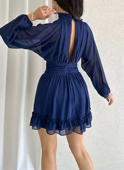 A-Line Halter Long Sleeves Short/Mini Chiffon Cocktail Dresses With Ruffle