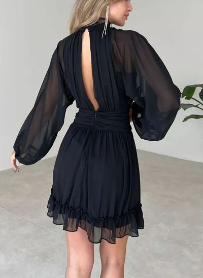 A-Line Halter Long Sleeves Short/Mini Chiffon Cocktail Dresses With Ruffle