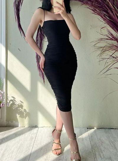 Sheath/Column Strapless Sleeveless Tea-Length Cocktail Dresses