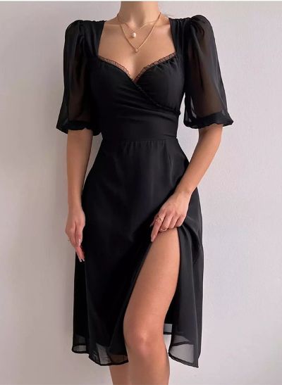A-Line V-Neck Short Sleeves Chiffon Cocktail Dresses With Split Front