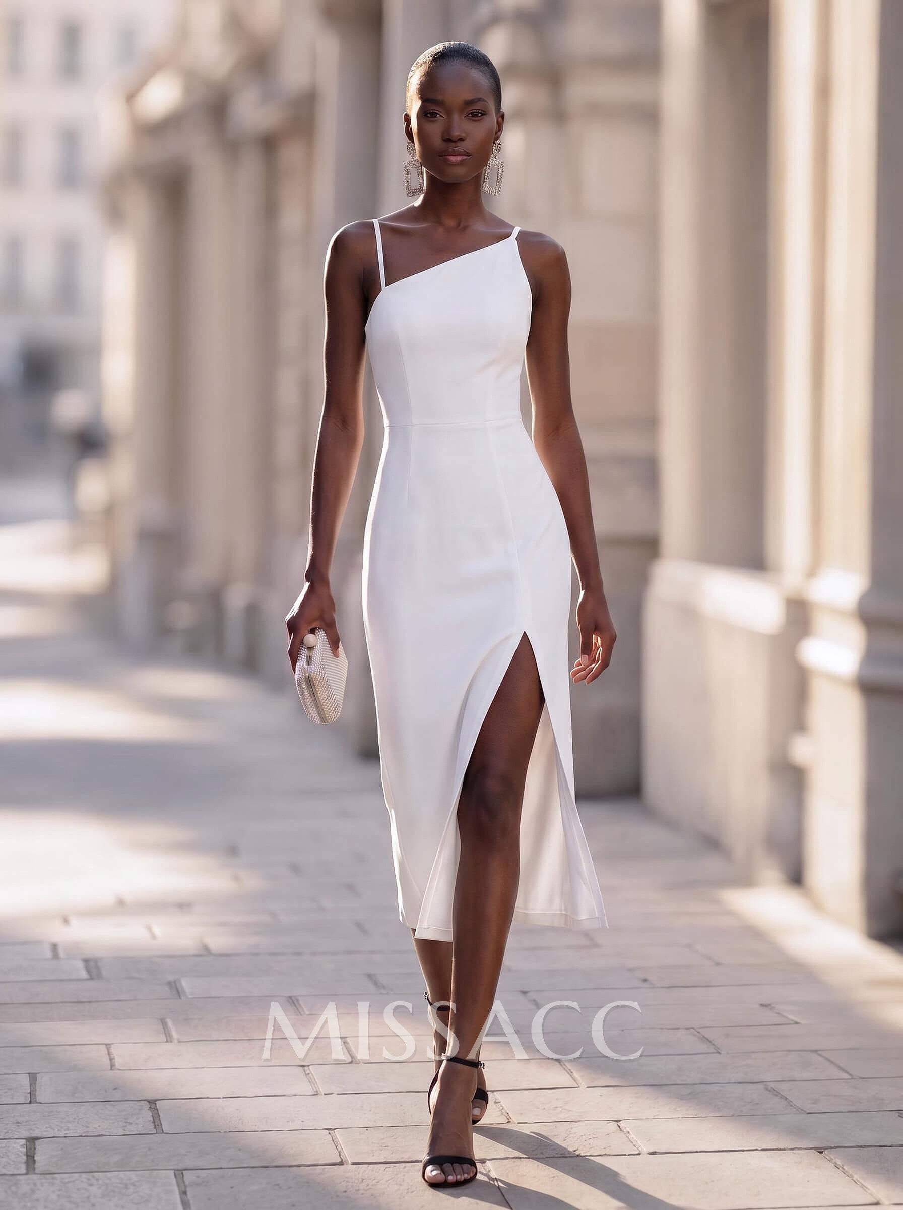 Sheath/Column Sleeveless Tea-Length Elastic Satin Cocktail Dresses With Split Front