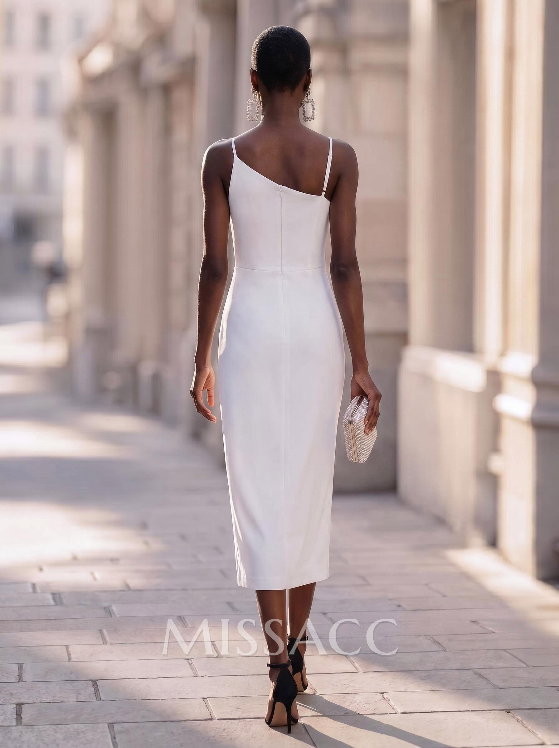 Sheath/Column Sleeveless Tea-Length Elastic Satin Cocktail Dresses With Split Front