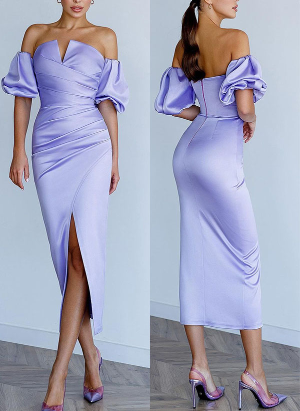 Sheath/Column Off-The-Shoulder Silk Like Satin Cocktail Dresses With Split Front