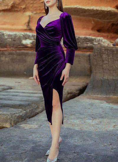 Sheath/Column Long Sleeves Velvet Cocktail Dresses With Split Front
