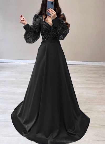 A-Line Long Sleeves Sweep Train Sequined Evening Dresses With Split Front