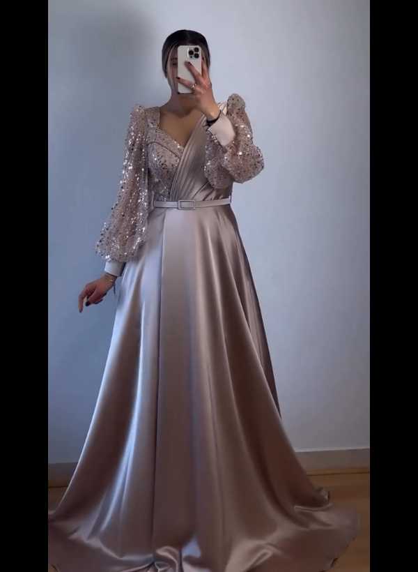 A-Line Long Sleeves Sweep Train Sequined Evening Dresses With Split Front