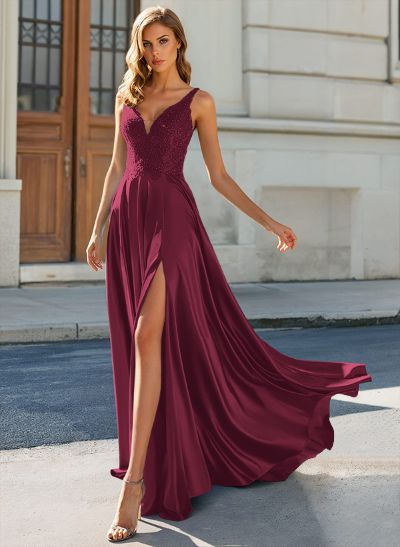 A-Line V-Neck Lace Evening Dresses With Split Front