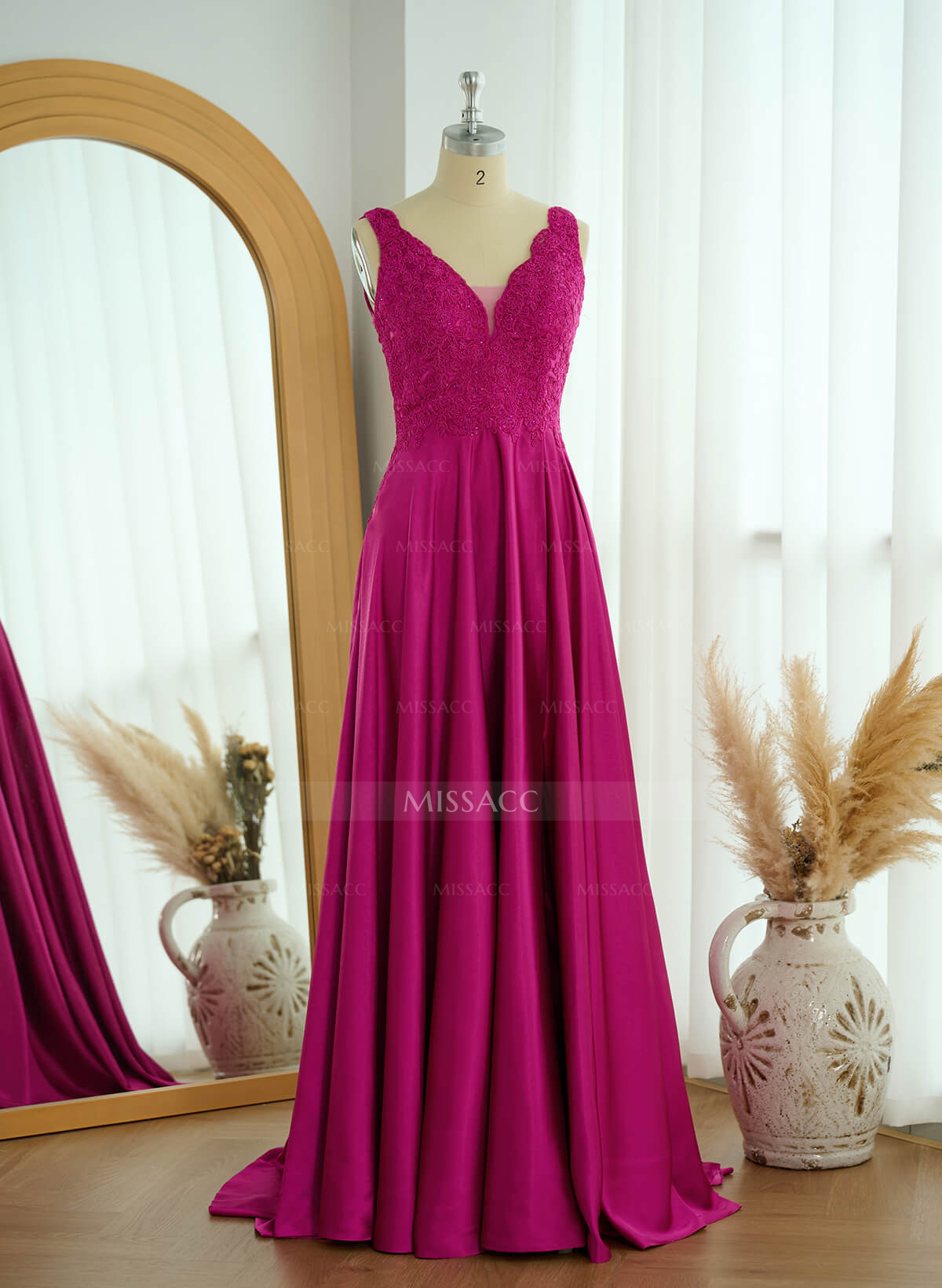 A-Line V-Neck Lace Evening Dresses With Split Front