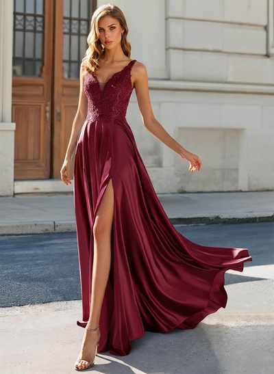 A-Line V-Neck Lace Evening Dresses With Split Front