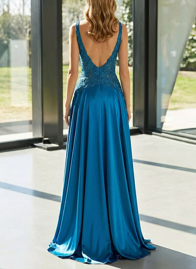 A-Line V-Neck Lace Evening Dresses With Split Front