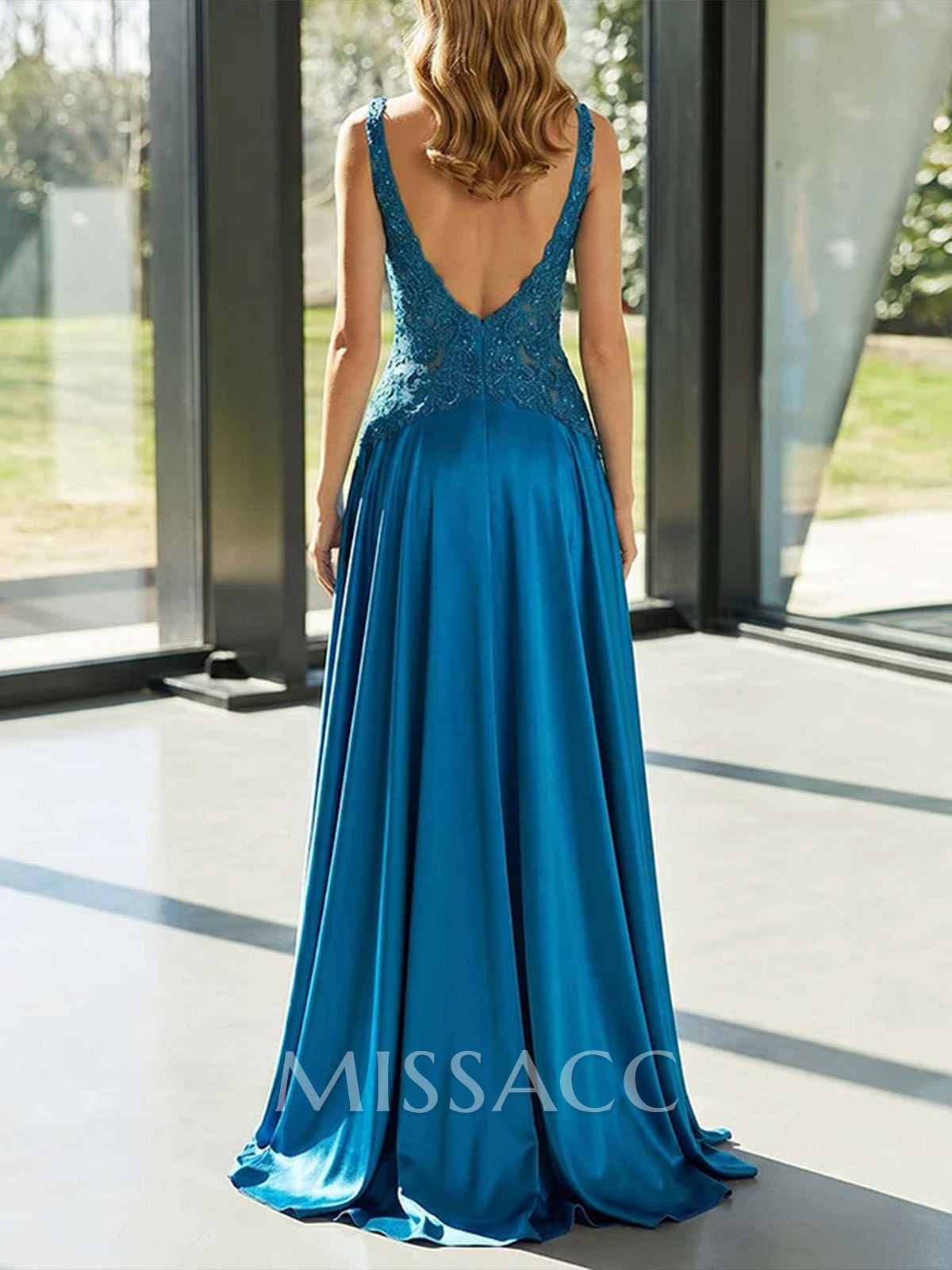 A-Line V-Neck Lace Evening Dresses With Split Front A-Line V-Neck Lace Evening Dresses With Split Front