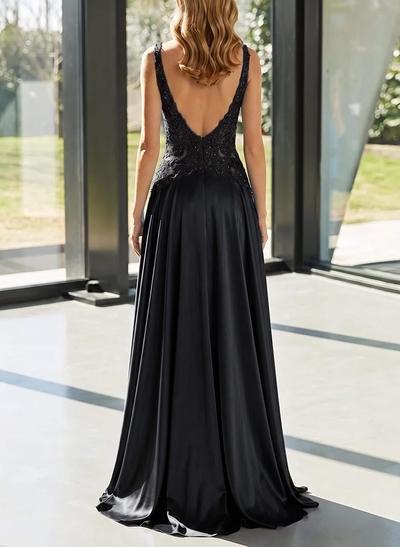 A-Line V-Neck Lace Evening Dresses With Split Front