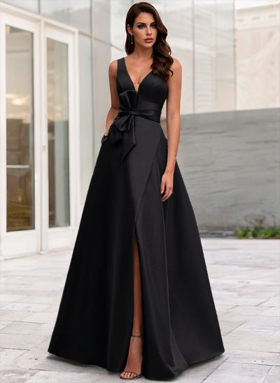 A-Line V-Neck Sleeveless Floor-Length Satin Evening Dresses With Bow(s)