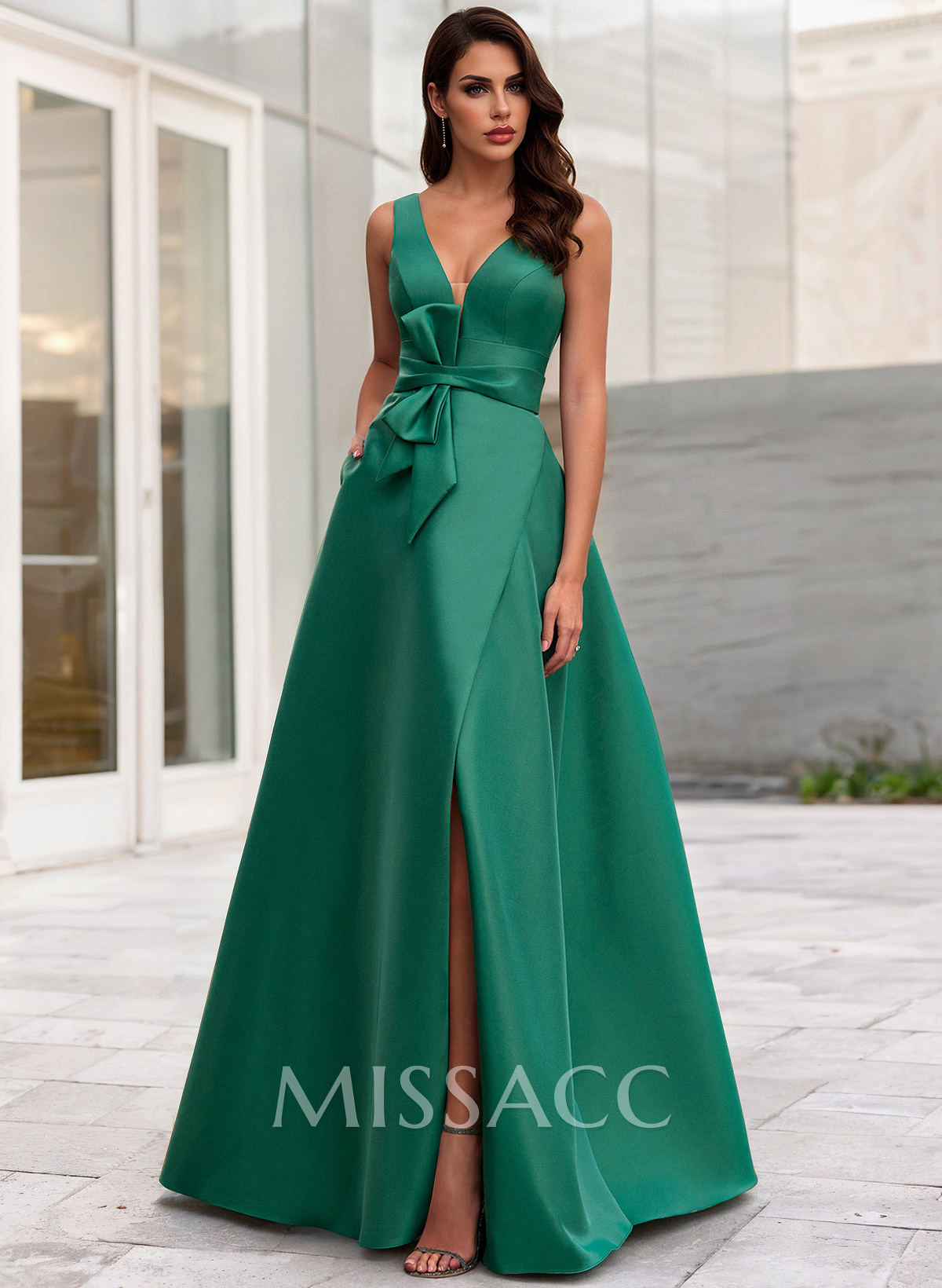 A-Line V-Neck Sleeveless Floor-Length Satin Evening Dresses With Bow(s)