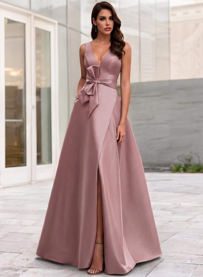 A-Line V-Neck Sleeveless Floor-Length Satin Evening Dresses With Bow(s)