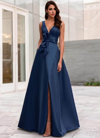 A-Line V-Neck Sleeveless Floor-Length Satin Evening Dresses With Bow(s)
