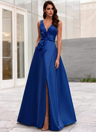 A-Line V-Neck Sleeveless Floor-Length Satin Evening Dresses With Bow(s)