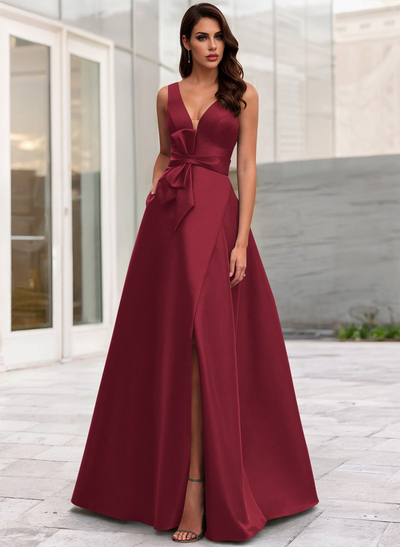 A-Line V-Neck Sleeveless Floor-Length Satin Evening Dresses With Bow(s)