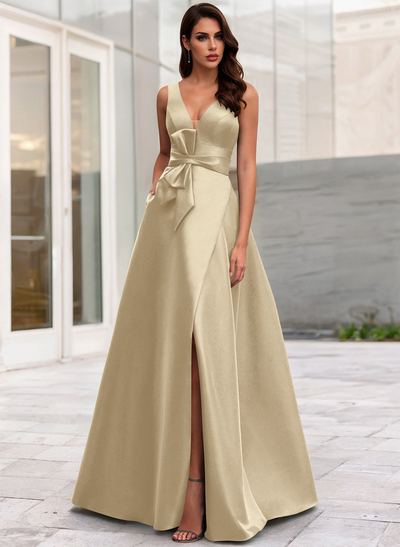 A-Line V-Neck Sleeveless Floor-Length Satin Evening Dresses With Bow(s)