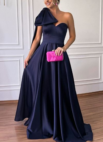 A-Line One-Shoulder Sleeveless Sweep Train Satin Evening Dresses With Bow(s)