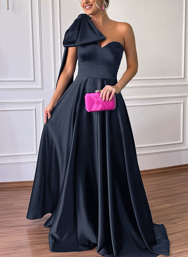 A-Line One-Shoulder Sleeveless Sweep Train Satin Evening Dresses With Bow(s)