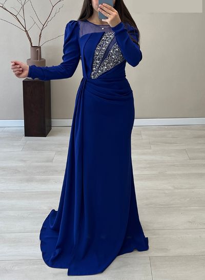 A-Line Scoop Neck Long Sleeves Sweep Train Elastic Satin Evening Dresses