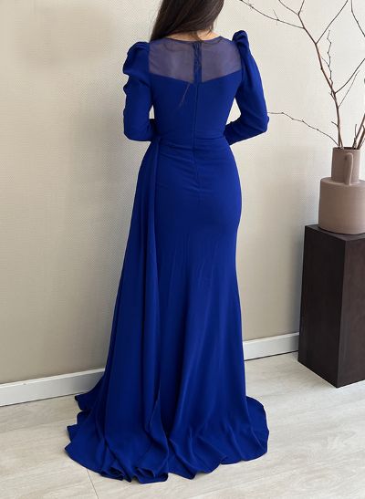 A-Line Scoop Neck Long Sleeves Sweep Train Elastic Satin Evening Dresses