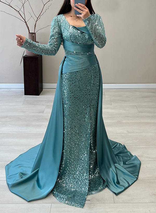 Scoop Neck Long Sleeves Sweep Train Sequined Evening Dresses