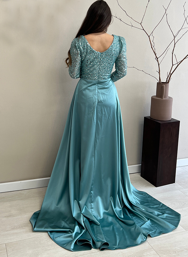 Scoop Neck Long Sleeves Sweep Train Sequined Evening Dresses