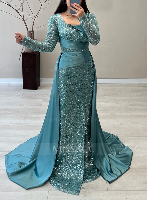 Scoop Neck Long Sleeves Sweep Train Sequined Evening Dresses
