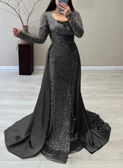 Scoop Neck Long Sleeves Sweep Train Sequined Evening Dresses