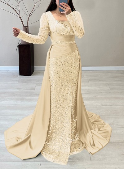 Scoop Neck Long Sleeves Sweep Train Sequined Evening Dresses