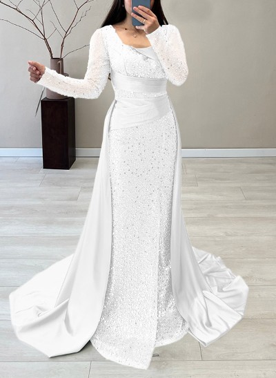 Scoop Neck Long Sleeves Sweep Train Sequined Evening Dresses Scoop Neck Long Sleeves Sweep Train Sequined Evening Dresses