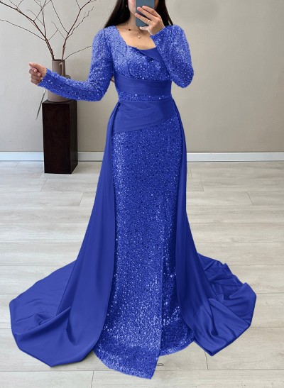 Scoop Neck Long Sleeves Sweep Train Sequined Evening Dresses