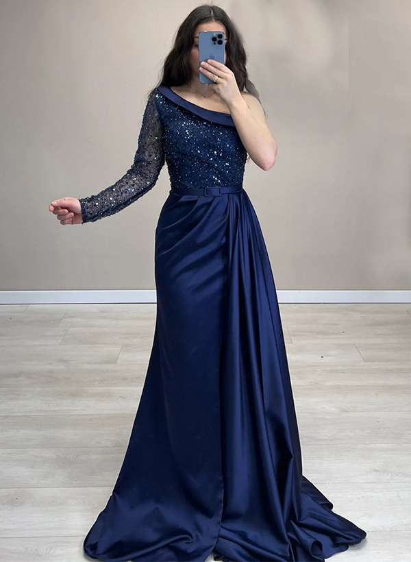 One-Shoulder Long Sleeves Sweep Train Sequined Evening Dresses