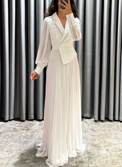 A-Line V-Neck Long Sleeves Sweep Train Chiffon Mother Of The Bride Dresses