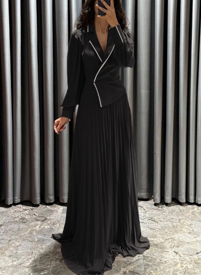 A-Line V-Neck Long Sleeves Sweep Train Chiffon Evening Dresses