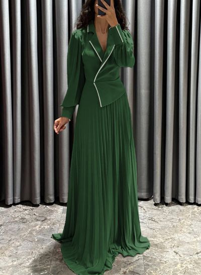 A-Line V-Neck Long Sleeves Sweep Train Chiffon Evening Dresses