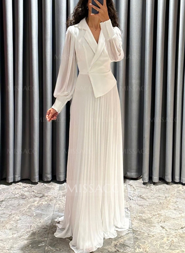 A-Line V-Neck Long Sleeves Sweep Train Chiffon Evening Dresses