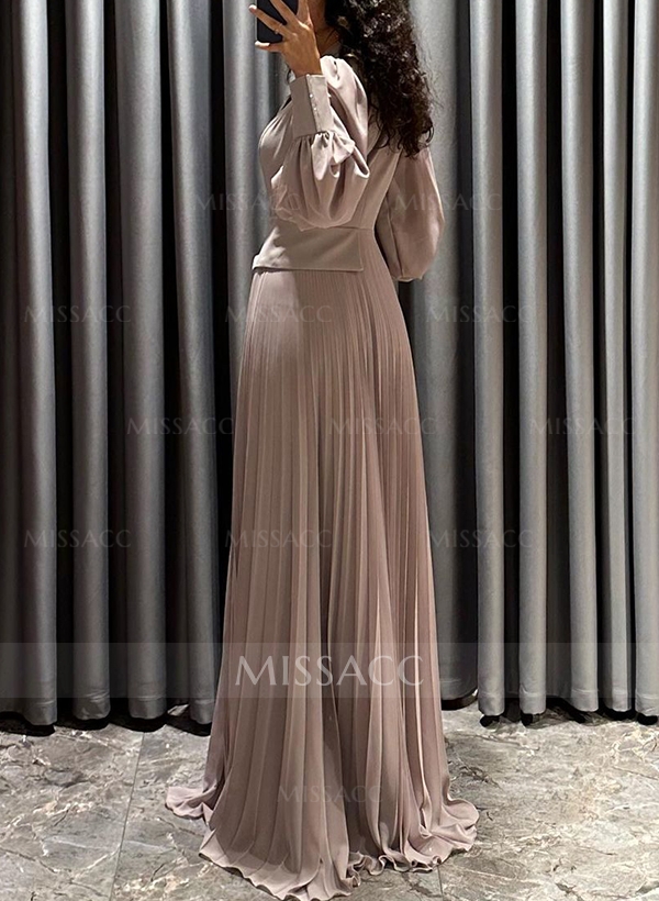 A-Line V-Neck Long Sleeves Sweep Train Chiffon Evening Dresses