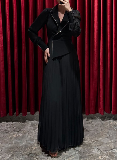 A-Line V-Neck Long Sleeves Sweep Train Chiffon Evening Dresses