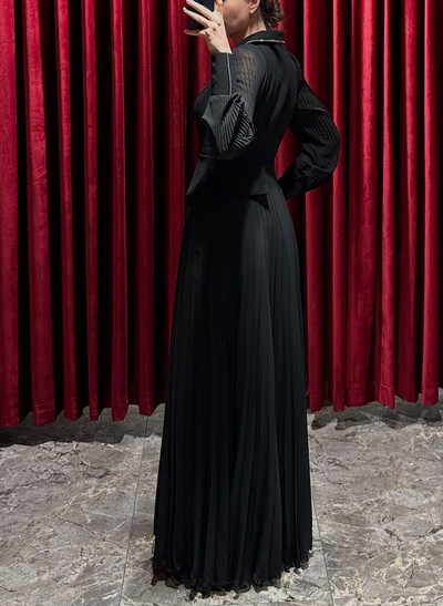 A-Line V-Neck Long Sleeves Sweep Train Chiffon Evening Dresses