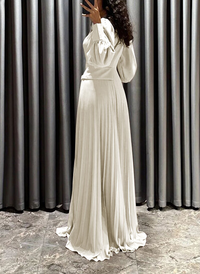 A-Line V-Neck Long Sleeves Sweep Train Chiffon Evening Dresses