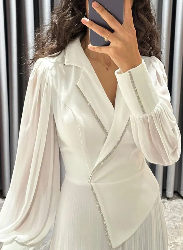 A-Line V-Neck Long Sleeves Sweep Train Chiffon Evening Dresses