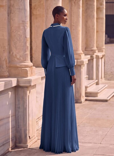 A-Line V-Neck Long Sleeves Sweep Train Chiffon Evening Dresses
