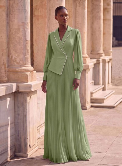 A-Line V-Neck Long Sleeves Sweep Train Chiffon Evening Dresses